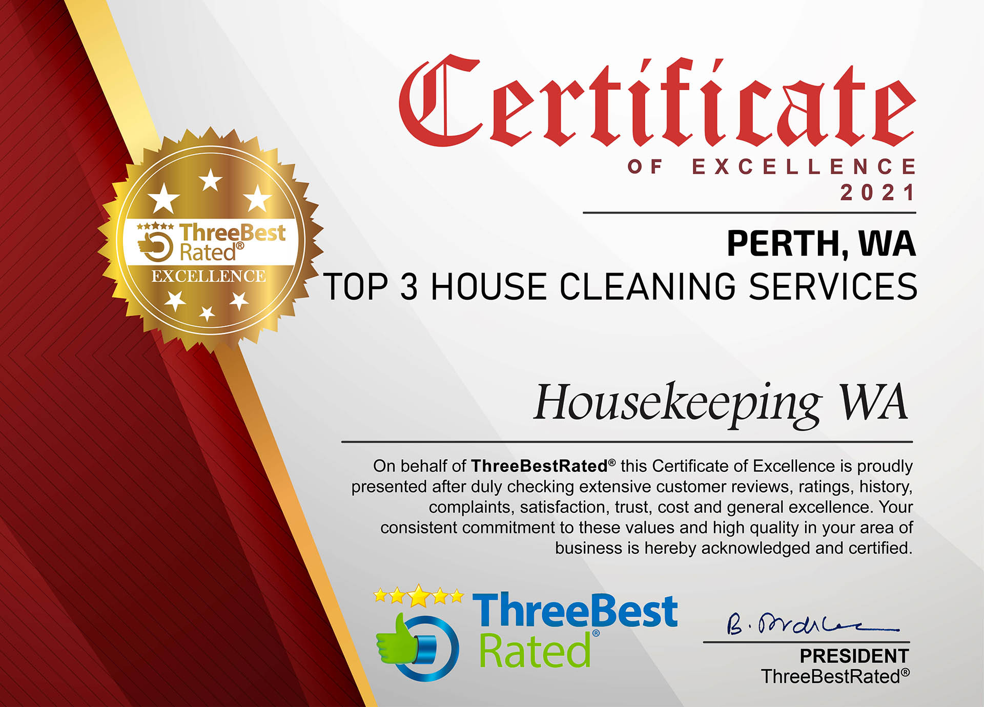Housekeeping WA Certificate 2021 2021 Certificate of Excellence, Perth WA